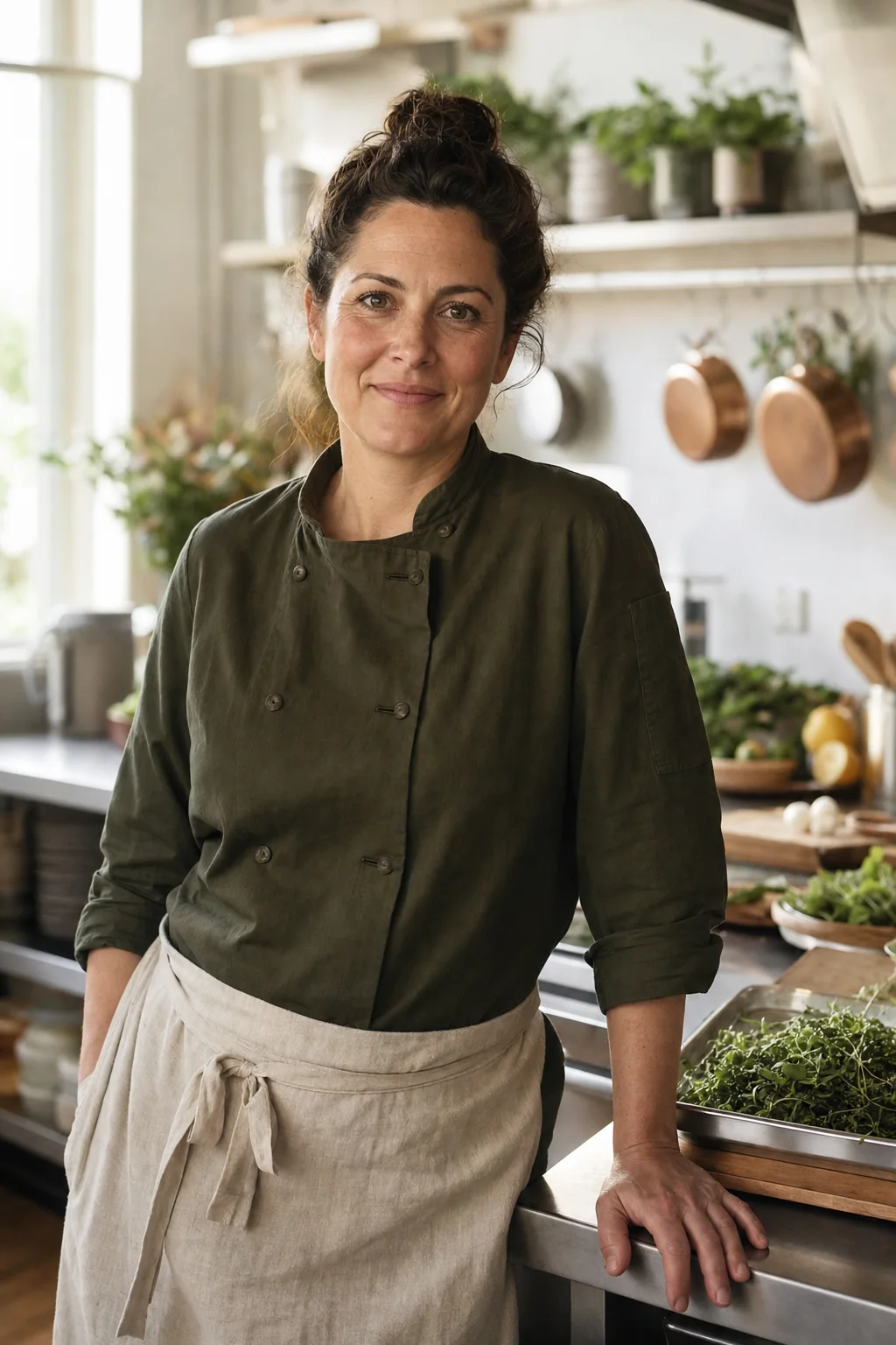 Sample portrait of a fictional chef-owner in a bright catering kitchen