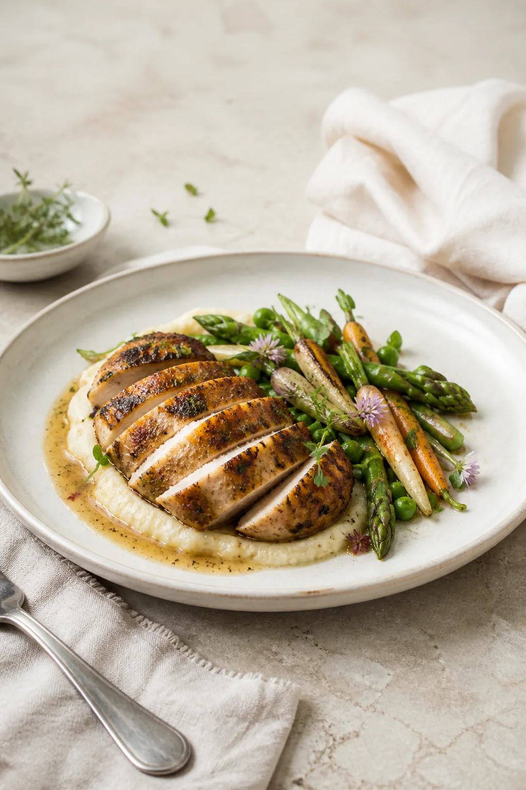 Sample photograph of a seasonal plated chicken entrée